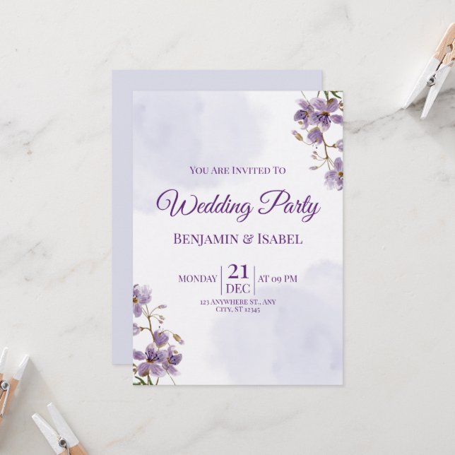 Convite para Festas de casamento Floral Roxo Elega (Frente/Verso In Situ)
