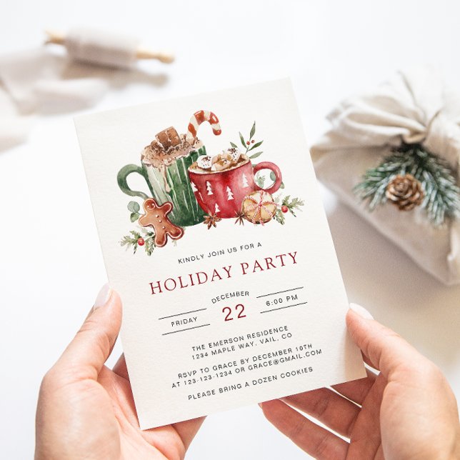 Convite para Festas de Feriado de Aquarelas (Festive Holiday Party Invitation | Watercolor Cookies, Cocoa & Greenery by Painted Paperie)