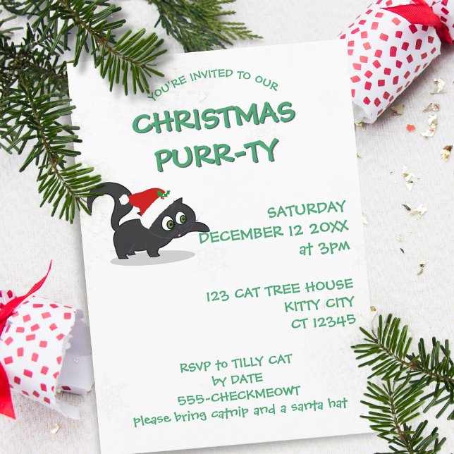 Convite para Festas de Férias Purr-ty para Cat de  (Christmas Purrty at your house? Here's your invitation to send. Just add your party details)