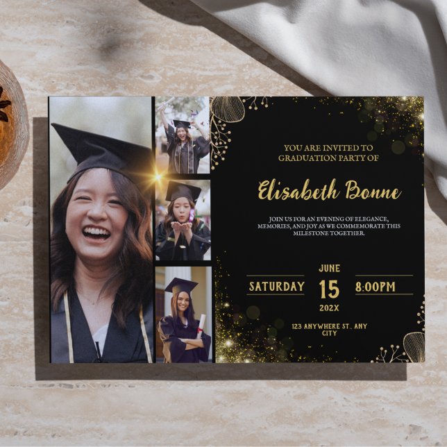 Convite para Festas de formatura Dourada e Preta E (Elegant Gold & Black Graduation Party Invitation Template with 4 Photo Slots | Customizable & Classy)
