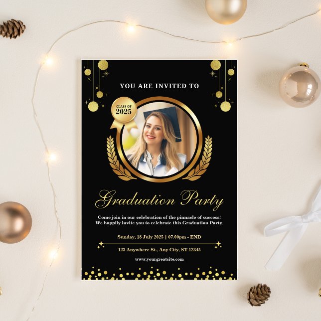 Convite para Festas de formatura Elegante Preta e  (Black & Gold Elegant Graduation Party Invitation)