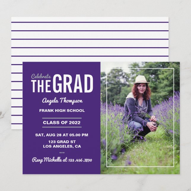 Convite para Festas de formatura em roxo e branco (Frente/Verso)