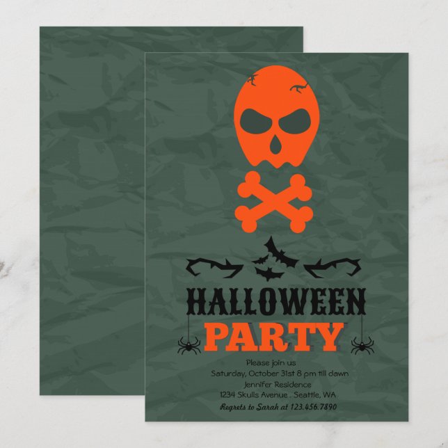 Convite para Festas de Halloween de Skull e Crossb (Frente/Verso)