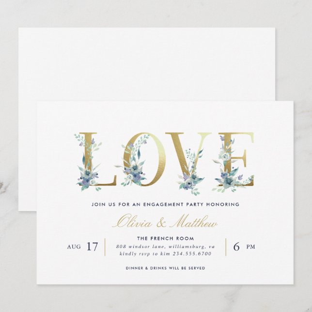 Convite para Festas de noivado Floral Luxe (Frente/Verso)