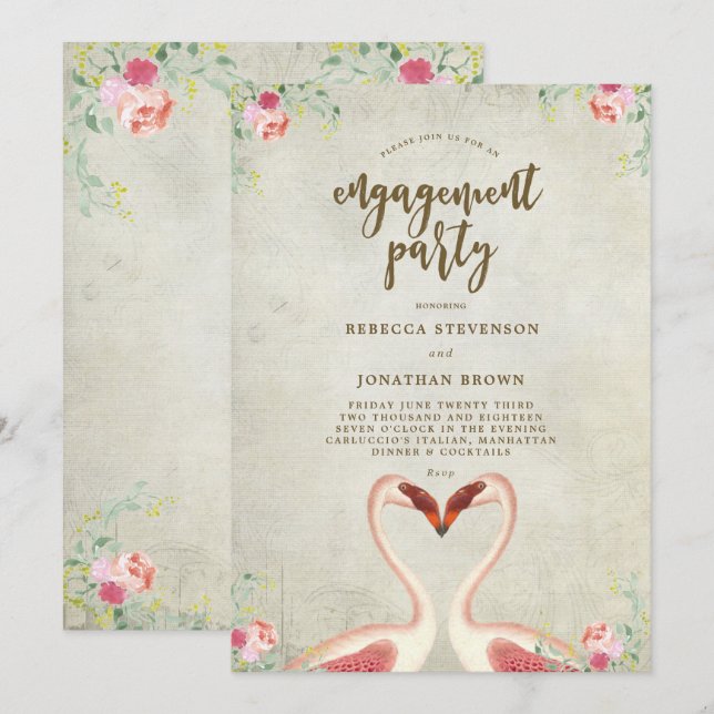 convite para festas de noivado tropical flamingo (Frente/Verso)