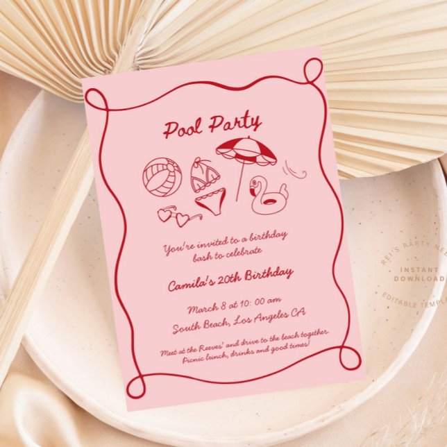 Convite para festas de Piscina branca cor-de-rosa  (Criador carregado)