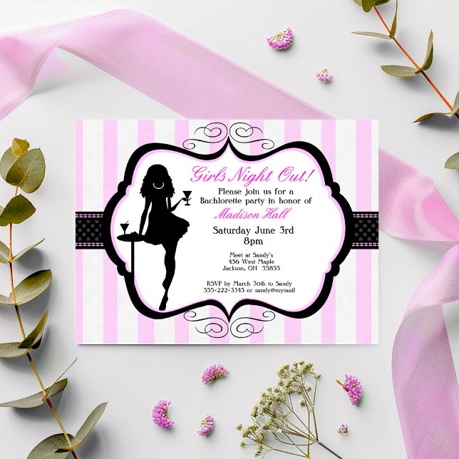 Convite para Festas de solteira de Noite de Menina (Pink White and Black Striped Girl's Night Out Jewelry Party Invitation)