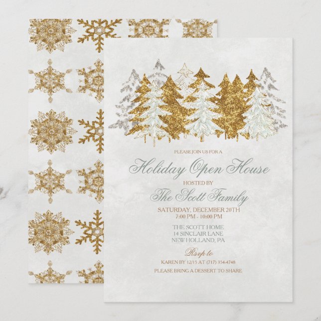 Convite para Flocos de Neve em Árvore Aberta Holid (Frente/Verso)