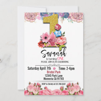 convite para floral de primeiro aniversario Dourad