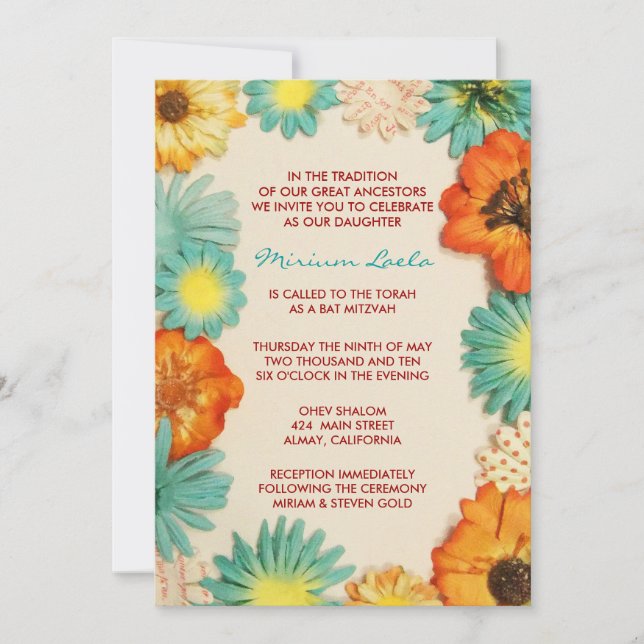 Convite para Flores de Papel Aqua Bat Mitzvah (Frente)
