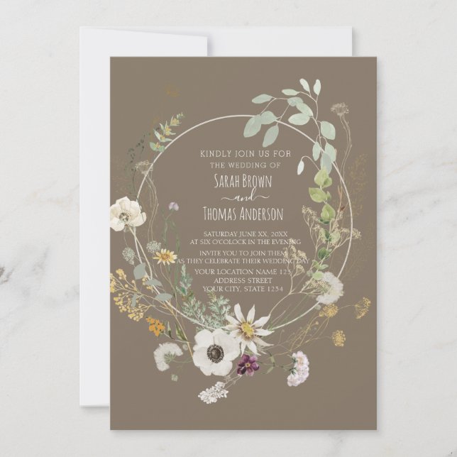 Convite para Flores Selvagens de Cor Suave Castanh (Frente)