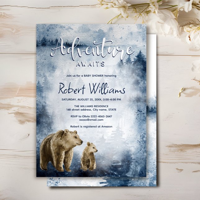 Convite para florestas de cor d'água de urso-mãe e (Blue watercolor foggy forest mommy and baby bear adventure begins baby shower invitation )