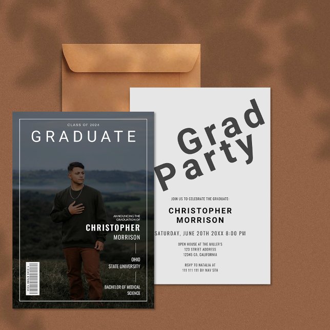 Convite para Formando de Fotografias do Cobrir da  (Stylish Magazine Cover Photo Graduate Invitation)