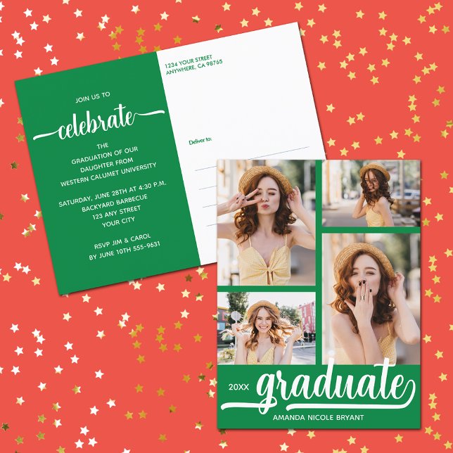 Convite para Formando Verde de Colagem de Fotograf (4 Photo Collage Green Graduate Invitation Postcards)