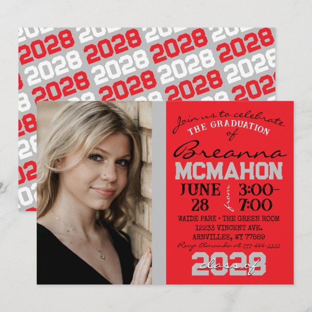 Convite para Foto para Graduação Moderna Red & Sil (Frente/Verso)
