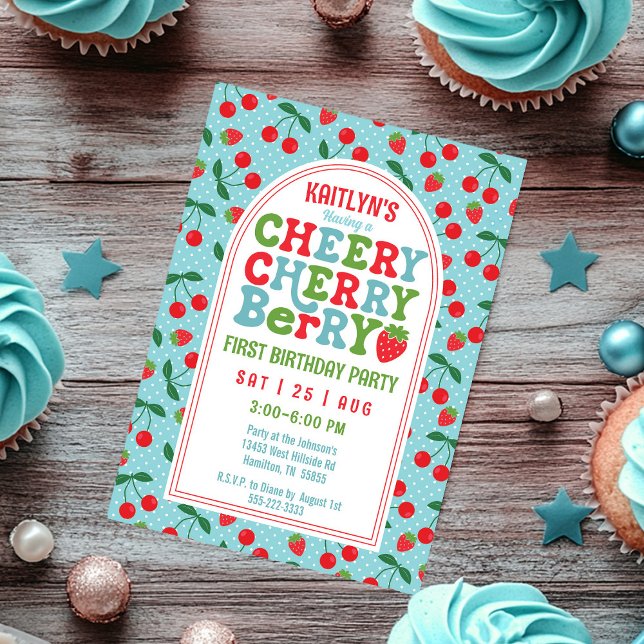 Convite para Fotografia da Primeira Festa de anive (Cheery Cherry Berry First Photo Birthday Invitation Front)