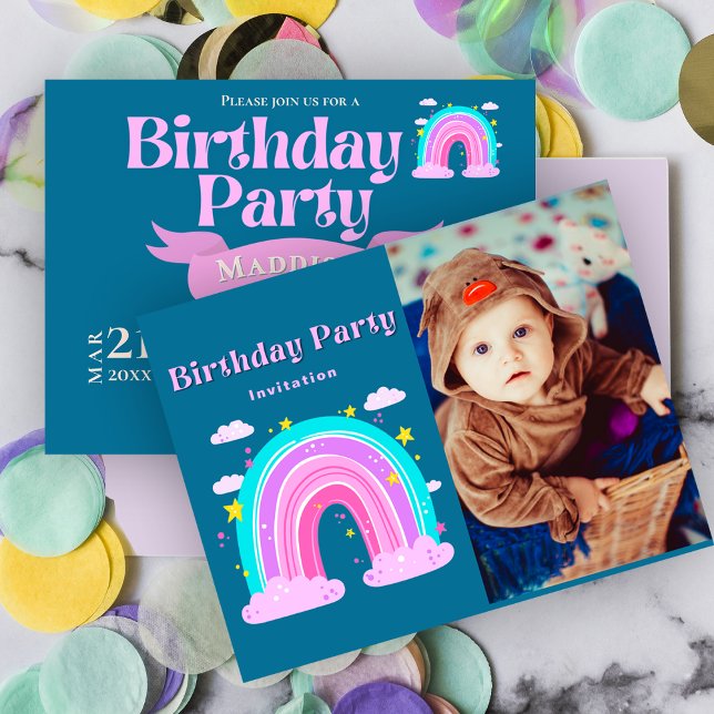 Convite para Fotografia do primeiro aniversario Ra (Whimsical Rainbow 1st Birthday Photo Invitation)
