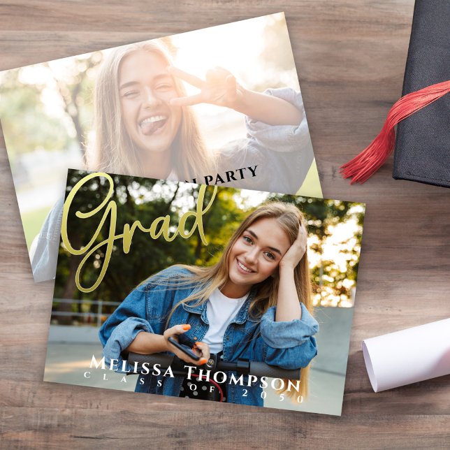Convite para Fotografia para Graduação Dourada Ele (Graduation photo invitation template with gold calligraphy script. )