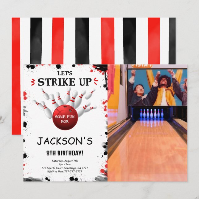 Convite para Fotografias de Boliche Editável Preto (Frente/Verso)