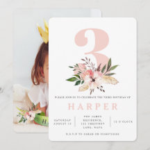 convite para fotos de aniversário de 3 anos cor-de