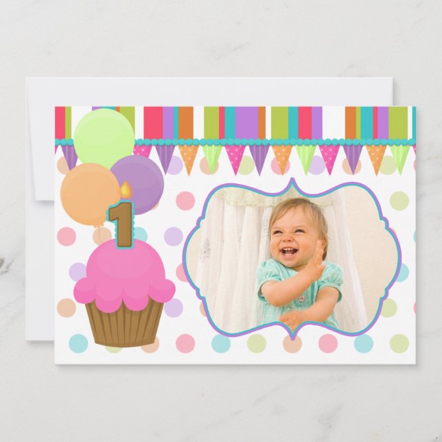 Convite para Fotos de Aniversário de Cupcake Fofo  (Frente)