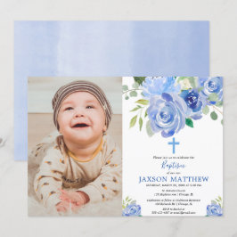 Convite para fotos de batismo, flores azuis marinh