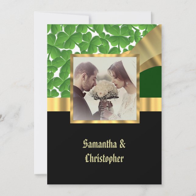 Convite para fotos de casamento verde e ouro (Verso)