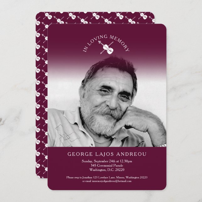 Convite para funeral de orquestral violino de foto (Frente/Verso)