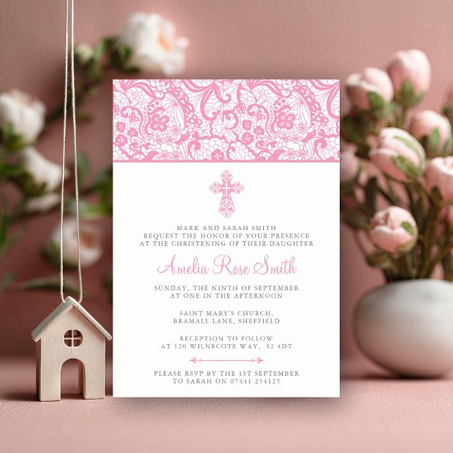 Convite para garotas de Natal/Batismo (Graceful and timeless 💕 A pink lace christening invitation for your baby girl’s special day.)