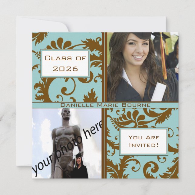 Convite para Graduação Azul Aqua Preto Damasco (Frente)