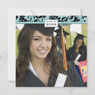 Convite para Graduação Azul Aqua Preto Damasco