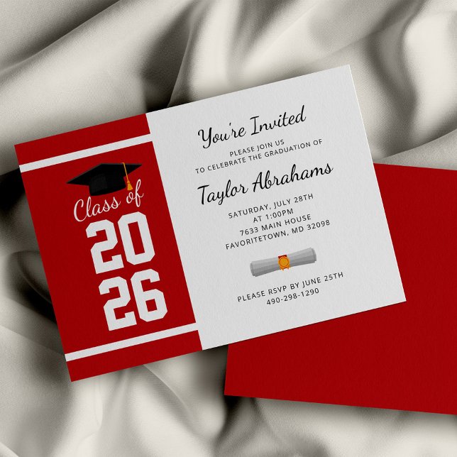 Convite para Graduação de Branco Vermelho Minimali (Graduation 2024 Red White Script Party Invitation)