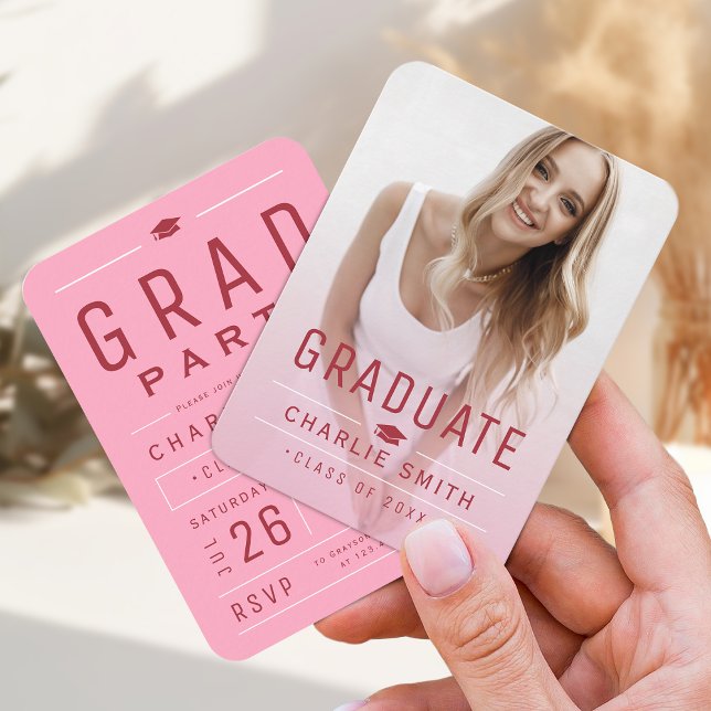 Convite para Graduação de Fotografia Moderna, Rosa (Pink Modern Typography Photo Graduation Invite)