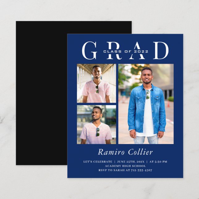 Convite para Graduação de Fotos Azul 3 Marinho Mod (Frente/Verso)