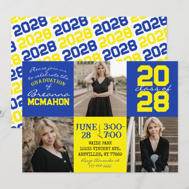 Convite para Graduação de Fotos Azul e Amarelo 3 (Frente/Verso)