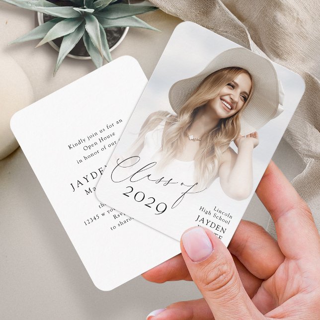 Convite para Graduação de Fotos de Script de Chic  (Mini Modern Chic Script Photo Graduation Invite)