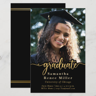 Convite para Graduação de Fotos de Script Dourado 
