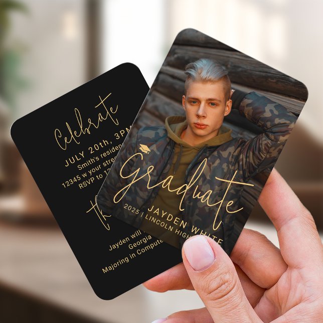 Convite para Graduação de Fotos de Script Moderno  (Mini Gold Modern Script Photo Graduation Invite)