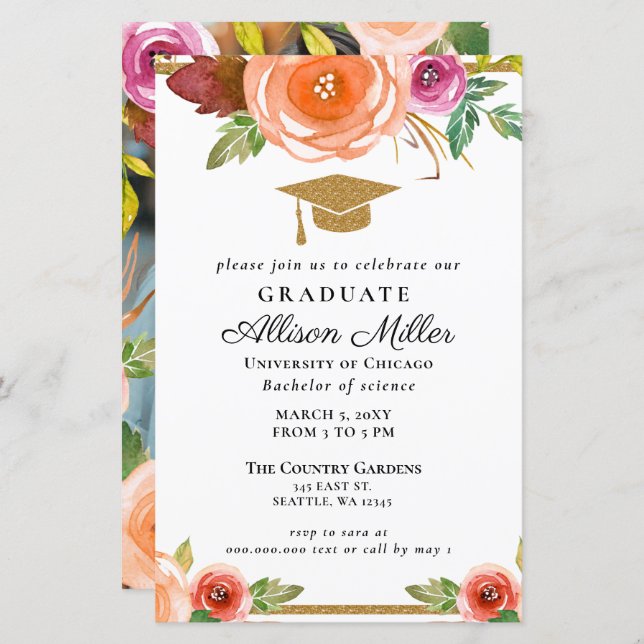 Convite para Graduação de Fotos Dourada Floral de  (Frente/Verso)