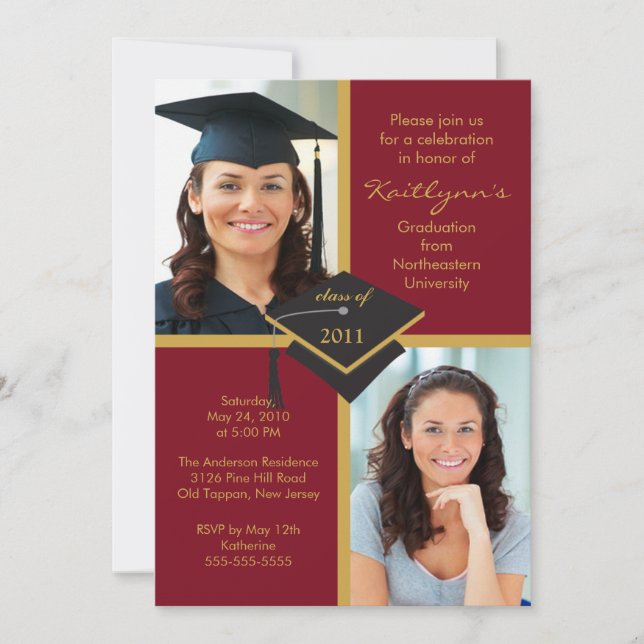 Convite para Graduação de Fotos Maroon e Dourada (Frente)