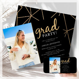 Convite para Graduação de Fotos Preta e Dourada