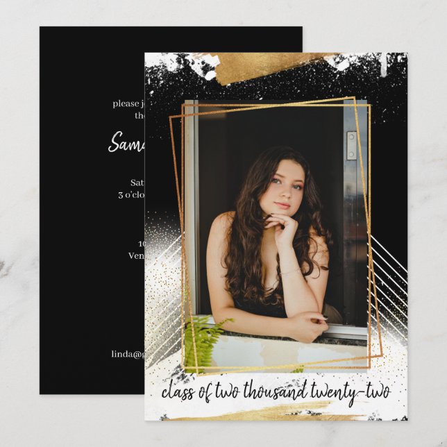 Convite para Graduação de Quadro Dourado e Preto (Frente/Verso)