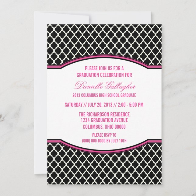 Convite para Graduação de Quatrefoil Elegante Rosa (Frente)