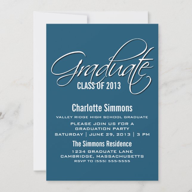 Convite para Graduação de Script Elegante Azul (Frente)