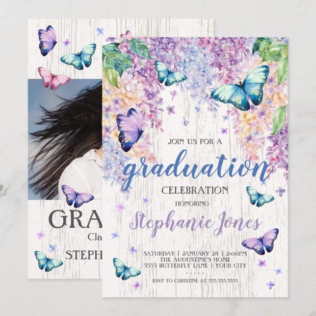 Convite para graduação Lilacs e Borboleta (Frente/Verso)