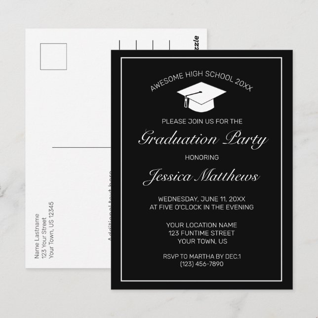 Convite para graduação mínima moderna em preto (Frente/Verso)