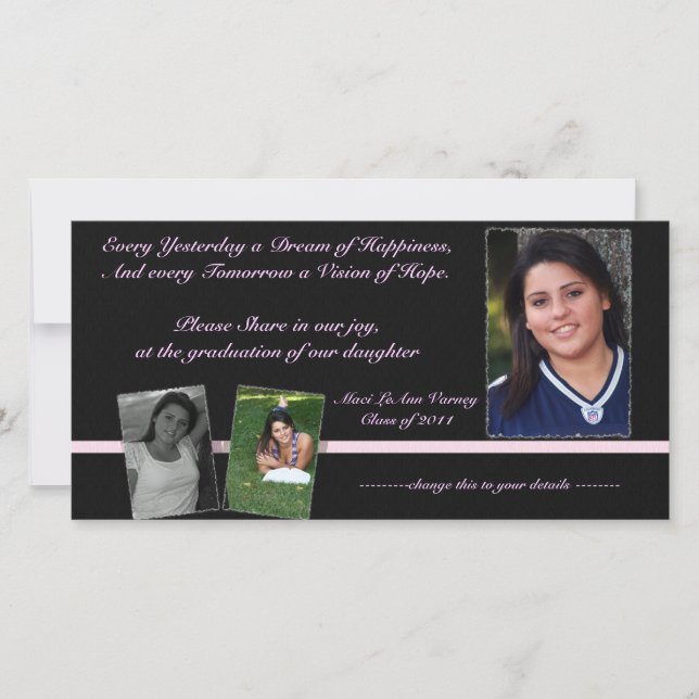 Convite para graduação rosa e preto para Maci (Frente)