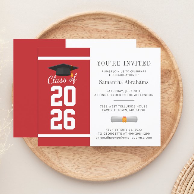 Convite para Graduação Simple Red White 2025 (Graduation 2025 Red White Typography Party Invitation)
