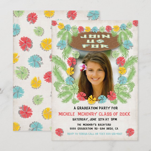 Convite para Graduação Tropical Lúau Hawiian (Frente/Verso)
