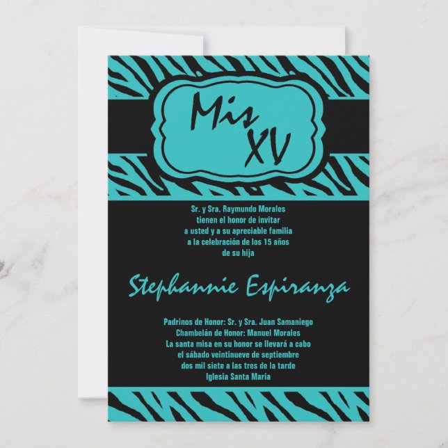 Convite para Impressão 5 x 7 Teal Zebra Quinceaner (Frente)